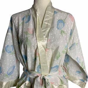 Vintage Long Floral Belted Robe S White Polka Dots